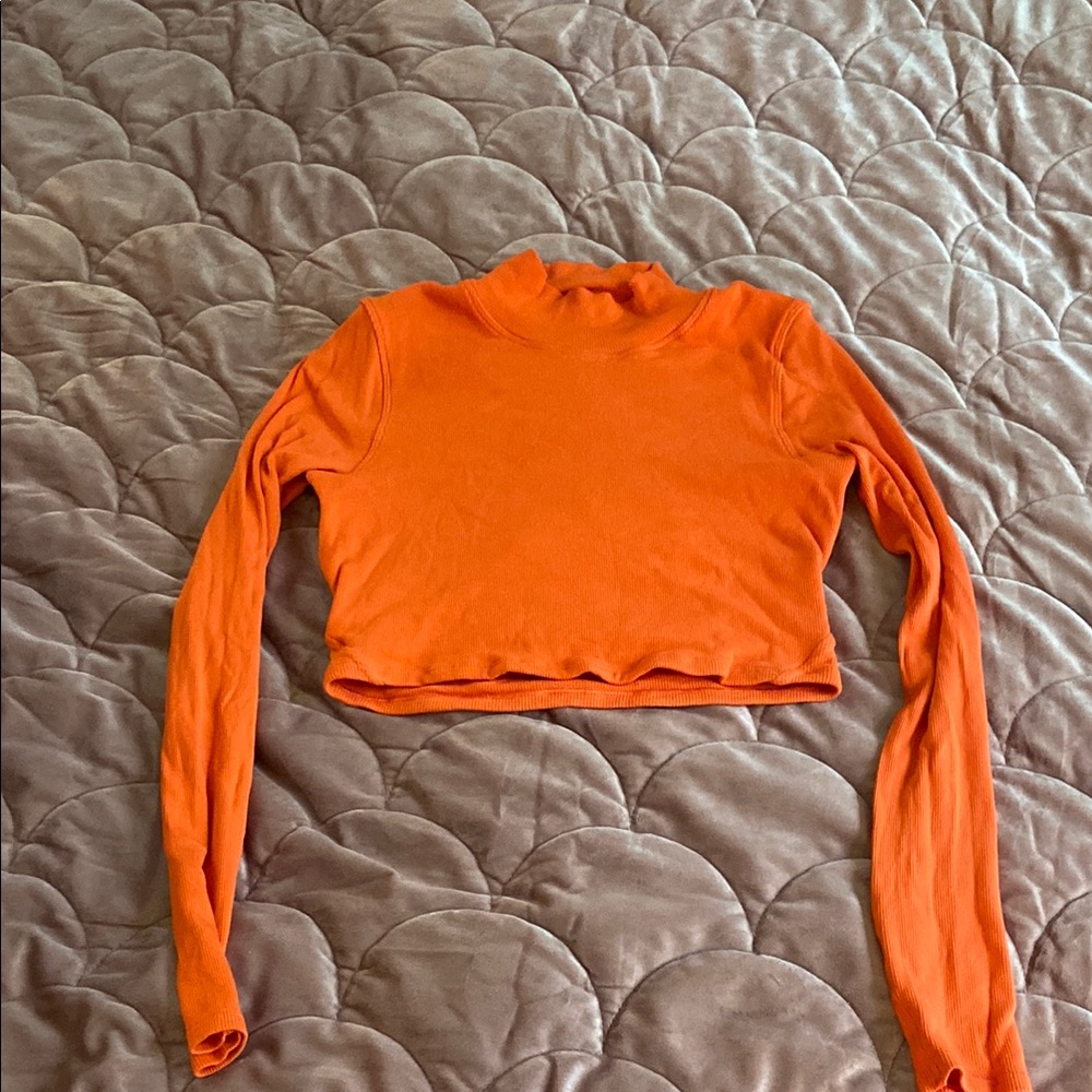 Lululemon Athletica Orange Crop Top with Mandarin Collar and Long Sleeves